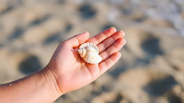 Hand holding seashell on beach