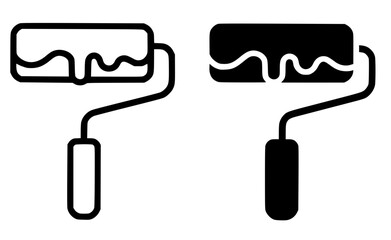 Paint roller illustration icon, black and white in outline and silhouette versions