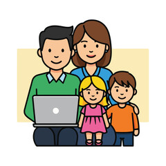 A cartoon family with a laptop
