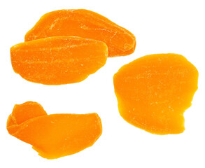 three pieces of sweet, dried mango slices, displaying their rich orange color and slightly chewy texture