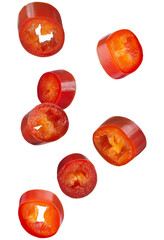 close-up macro photograph of vibrant red chili pepper slices with visible seeds and pulp, artfully scattered against a contrasting transparent background for a spicy visual.