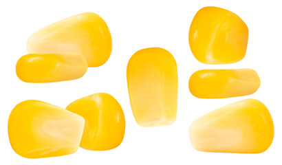 scattered sweet corn kernels with realistic texture and shine on a transparent background.