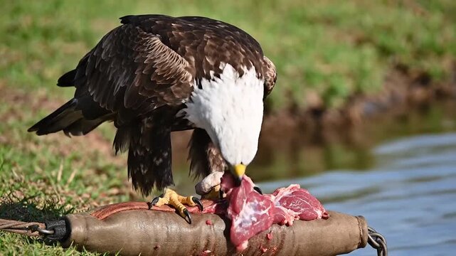 Majestic eagle-like bird devouring red meat, talons gripping lure by water's edge