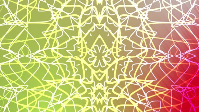 White line art kaleidoscope overlay pattern on colorful gradient background suitable for modern graphic design projects, posters, social media, stationery, and presentations.