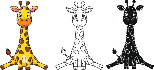 Cute Cartoon Giraffe Character in Three Styles Full Color Line Art and Black Silhouette Vector Illustration for Children Education Design © Hafiza