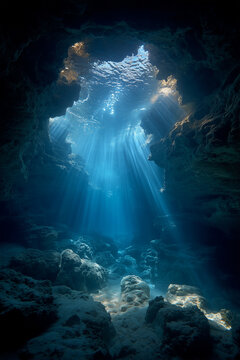 Sunlight Rays in Underwater Blue Hole Cave