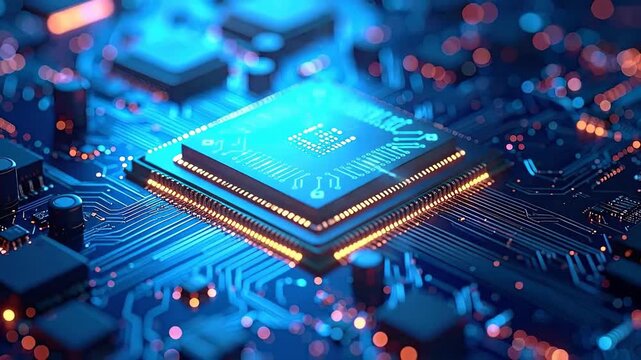 Futuristic glowing microchip with intricate circuit patterns, symbolizing advanced technology and innovation.