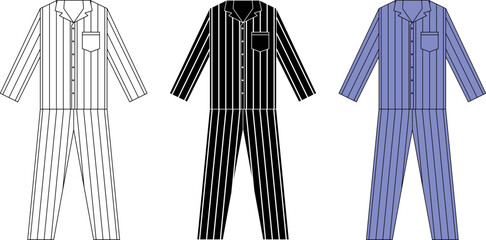 Striped pajama set icons in outline, solid black, and blue styles with pocket details