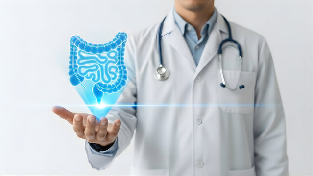 Doctor holding a holographic projection of the human colon