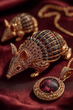 Luxury Gold Armadillo Figurine and Blood Moon Ruby Pendant
