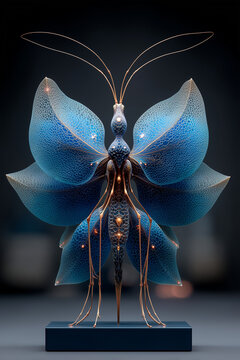 Luminous Blue Butterfly Sculpture with Intricate Patterns