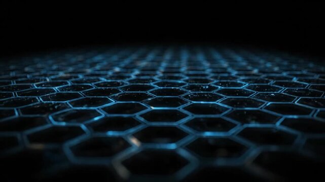 Hexagonal Technological Grid: A striking close-up unveils an expansive hexagonal grid illuminated by cool blue light, representing the intricate architecture of modern technology and data structures.
