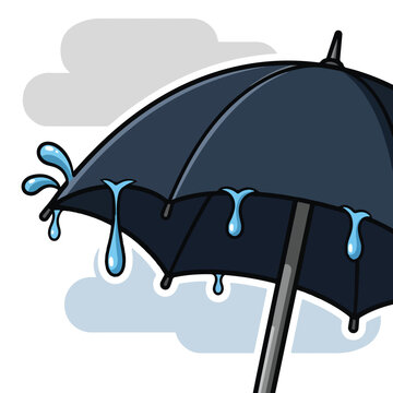 A cartoon illustration of a navy-blue umbrella with raindrops