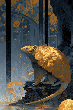 Golden Armadillo in Abstract Mystical Forest