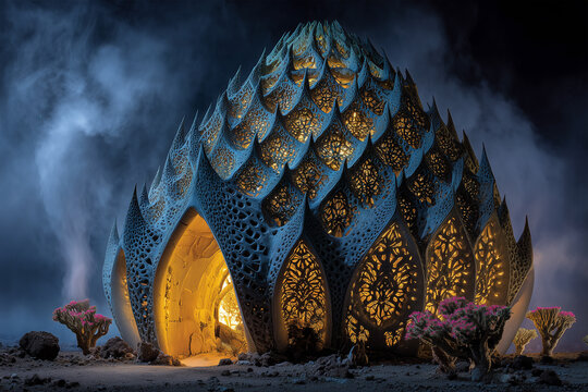 Glowling Organic Pod Architecture in Misty Night