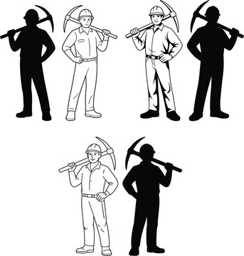 Collection of professional construction worker and miner character silhouettes holding pickaxe tools and wearing safety hard hats illustration