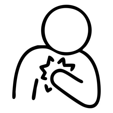 Line icon represents chest pain with one hand clutching the left side of the chest and acute internal discomfort. Related to emergency room triage, first-aid training manuals, pharmaceutical branding