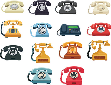 Large flat vector illustration set of various vintage rotary dial telephones and antique classic landline communication icons isolated on white