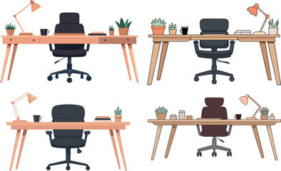 Modern professional office workstation vector set featuring wooden desks with ergonomic black chairs, desk lamps