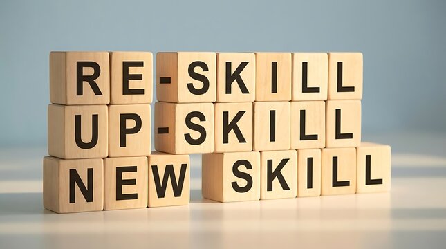 Wooden blocks with skill learning text.