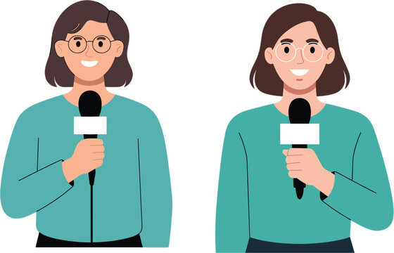 Professional female news reporter or journalist character set holding microphones for media broadcasting press interview and television news communication flat vector illustration