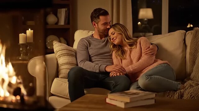 Cozy couple snuggles warmly on couch; romantic embrace in living room by fireplace; intimate, comforting, love, romance, togetherness, soft focus, home