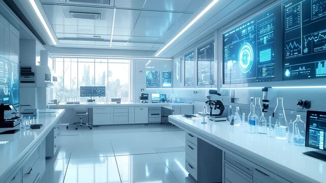 Modern Science Lab: A futuristic science lab showcasing cutting-edge technology and advanced scientific equipment, emphasizing innovation and progress.
