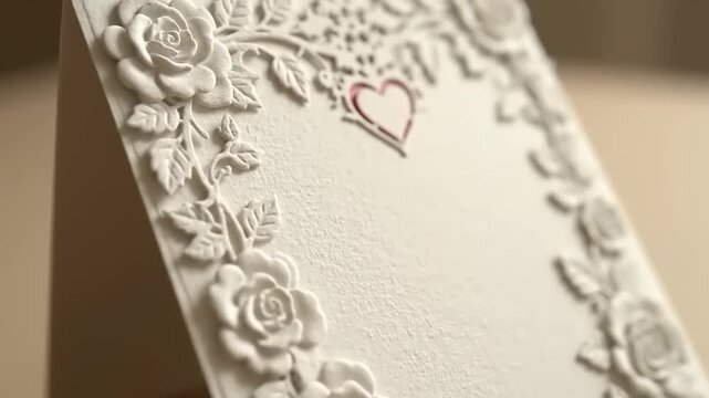 Romantic floral card, roses, leaves, cutout lace, and a heart in a decorative frame with 3D effect, wedding invitation, craft, paper
