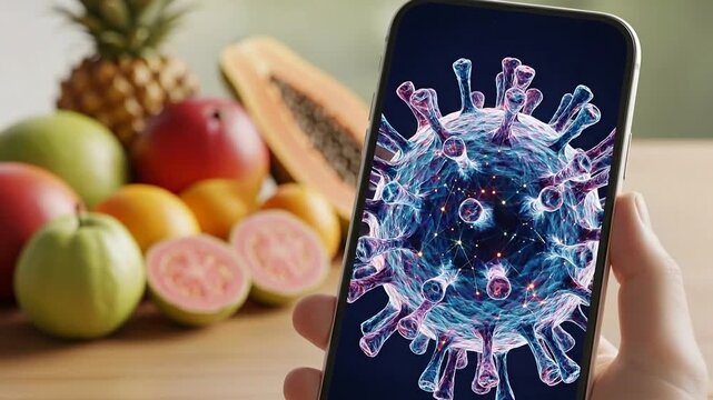 The animation of the virus on the smartphone screen against tropical fruits. The Nipah virus concept, Public Health Education, Global Health Communication, and Food Safety Information video