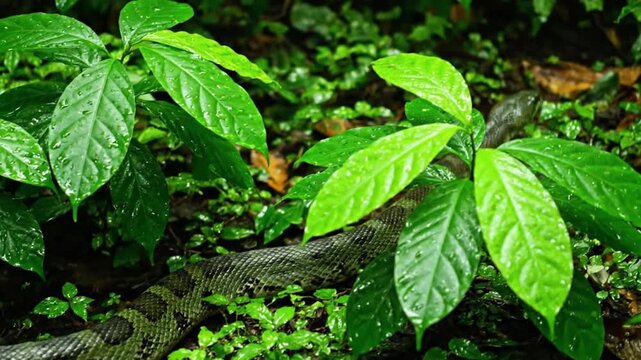 Mid-Shot of Snake Crawling Through Dense Foliage