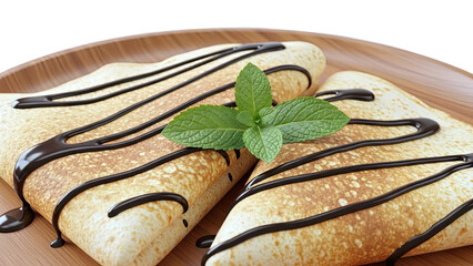 Chocolate Crepes with Mint Garnish on Wooden Plate