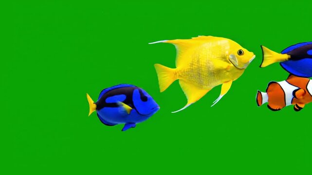Three colorful fish swimming together in a vibrant green background.