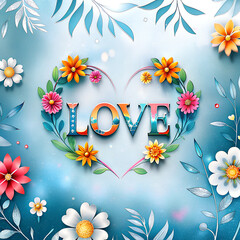 Happy Valentine's Day. Vector watercolor illustration of a heart made of petals, the word "love" made of flowers and a pattern for a card, background or wallpaper 
