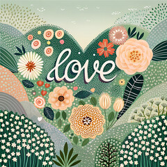 Happy Valentine's Day. Vector watercolor illustration of a heart made of petals, the word "love" made of flowers and a pattern for a card, background or wallpaper 
