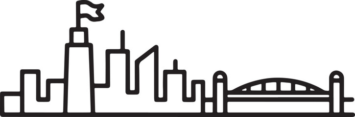 Obraz premium Cityscape and bridge outline icon set, modern urban landscape with landmark architecture