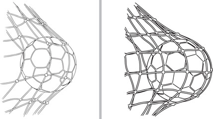 A set of two detailed vector illustrations showing a soccer ball hitting the back of the net. Captures the high-impact moment of a goal with realistic mesh tension and movement. © Muhammad