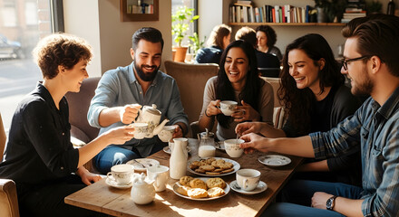 Happy young people sitting at a wooden table talking and laughing while drinking hot beverages and eating snacks