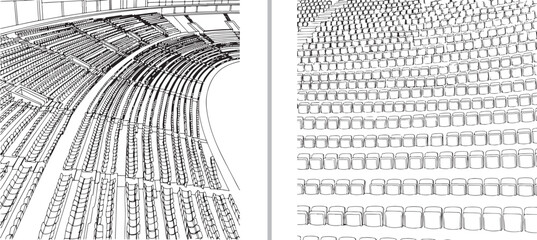 Detailed line art illustrations of stadium seating. The left panel shows a sweeping perspective of curved arena tiers, while the right provides a high-angle view of dense, repeating seat rows. © Muhammad