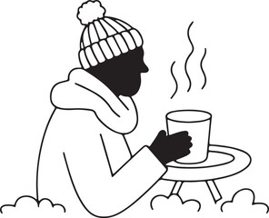 Silhouette of person wearing winter clothes holding hot drink on transparent background
