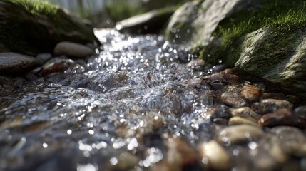 Fototapeta premium Sparkling clear water flowing over smooth rounded pebbles and rocks in a serene natural stream