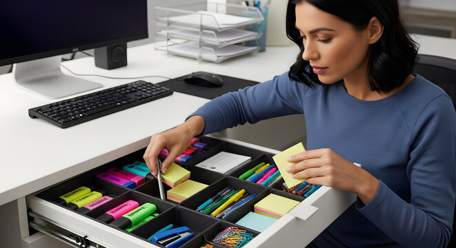 Professional woman tidying up her office desk drawer filled with colorful markers pens and paper supplies