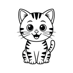 A cute cartoon cat with big eyes and a happy smile is sitting on a plain background.