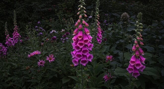 Vibrant Pink Foxglove Flowers in Garden &ndash; Digitalis Purpurea Blooms for Cottagecore Aesthetics