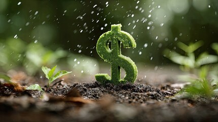 A green dollar sign grows in soil, surrounded by water droplets, symbolizing the connection between finance and nature.