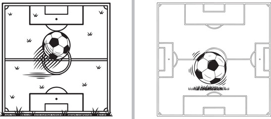 A two-panel vector illustration of a soccer field from a top-down perspective, featuring a ball in motion with speed lines across the center line and penalty areas. © Muhammad