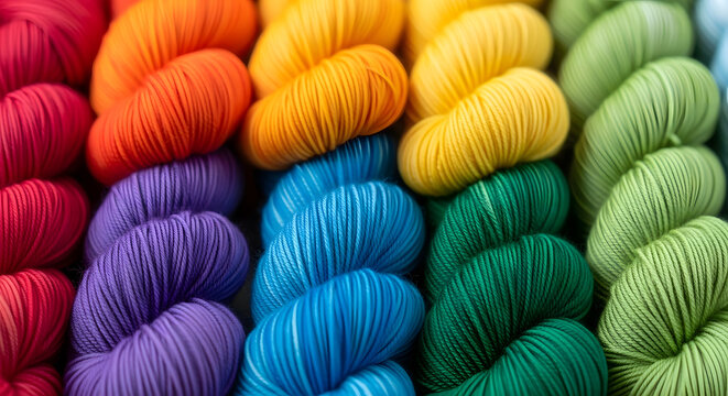 Rows of vibrant multi colored wool yarn bundles for embroidery and handmade knitting projects