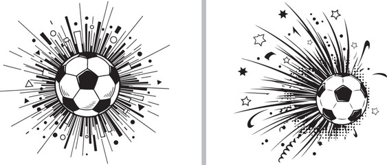 A two-panel vector illustration of soccer balls with explosive graphic effects, featuring a centered radial burst of geometric shapes and a dynamic side-swipe trail with stars and swirls. © Muhammad