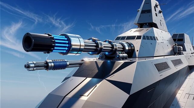 a futuristic sleek railgun protrudes from the side of a massive high-tech warship