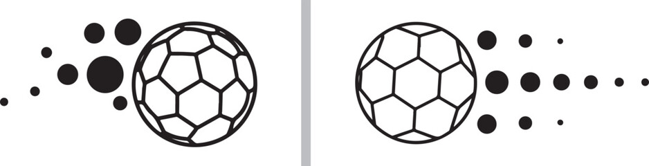 Fototapeta premium Two-panel vector set featuring a soccer ball in motion: on the left, it trails an abstract cluster of black dots, and on the right, it follows a structured, linear trail of dots.