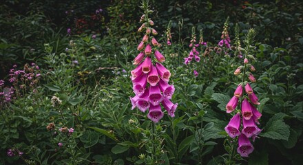 Obraz premium Vibrant Pink Foxglove Flowers in Lush Garden Setting Digital Photography Nature Beauty